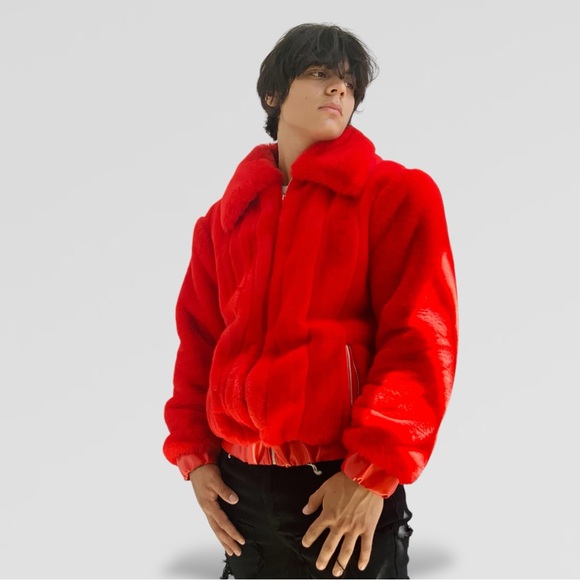 Men’s Fashion Faux Fur Red Fuzzy Jacket NWT - Picture 9 of 9